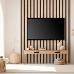 Salon TV - lot de panneaux tasseaux bois chêne clair