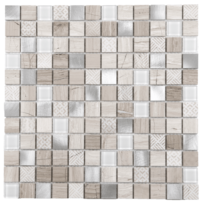 MAT INTER - Feuille 305x305 - Tesselle 23x23x4mm - Mix alu / verre / marbre poli / grave gris / wooden